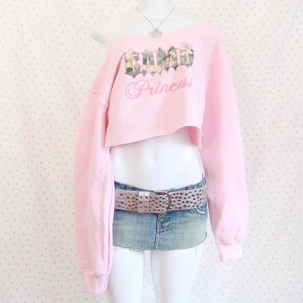 Y2K CAMO Princess Rhinestone Off Shoulder Sweatshirt McBling Graphic Top